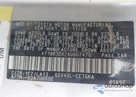 2010 Toyota Camry Xle V6 from USA, damaged, VIN 4T1BK3EK7AU607470